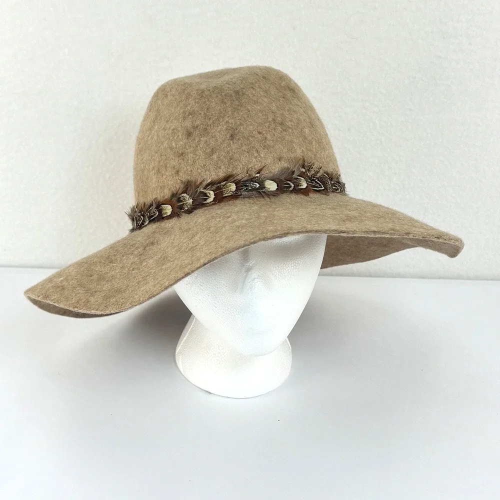 Boho Wide Brim Floppy Sun Hat Wool Feather Trim Winter Western Neutral Women OS